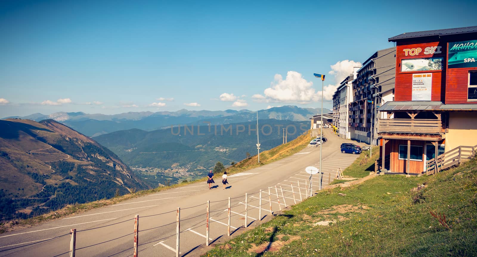 Saint Lary, France - August 20, 2018: Overview of the buildings of the Pla D Adet ski resort on a summer day