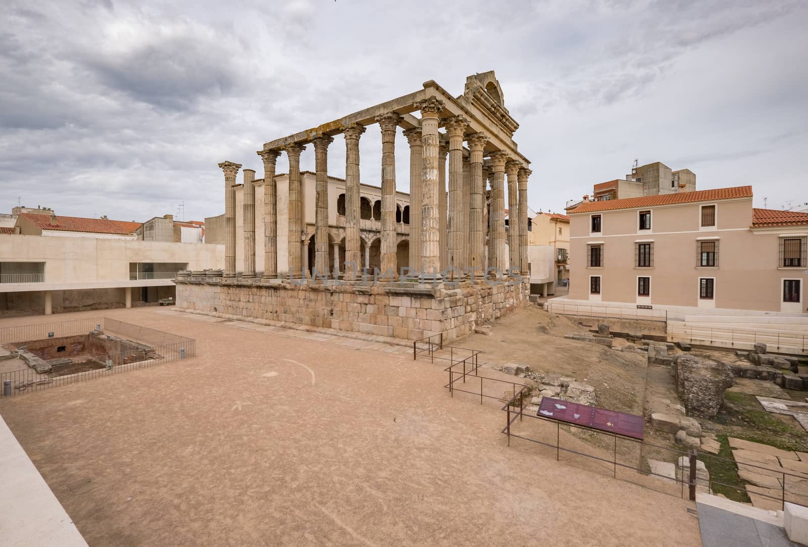 View of the Temple of Diana, famous monument built on the Palace of the Corbos in Merida. Estremadura. Spain