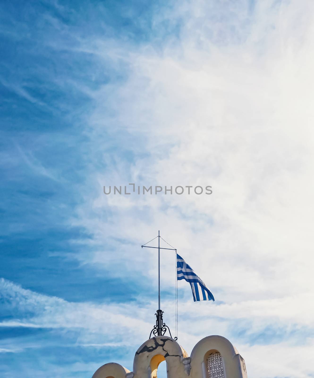 Greek flag and blue sky, travel and politics by Anneleven