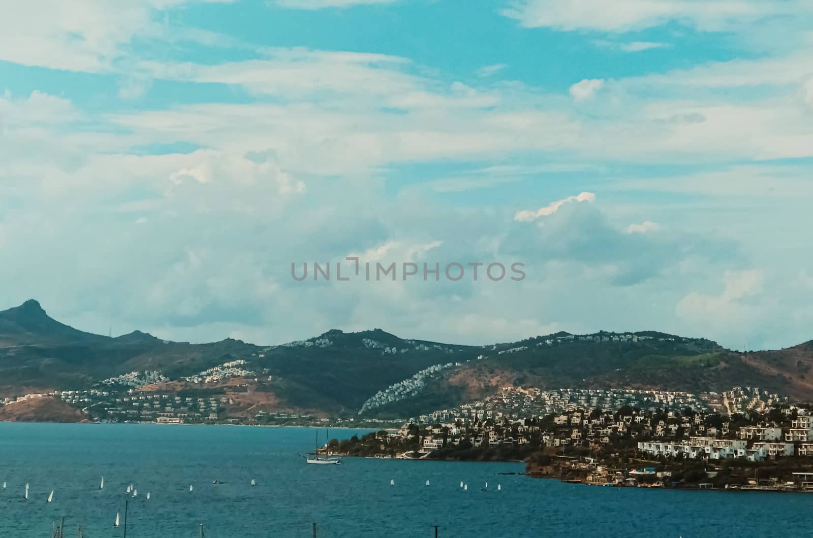 Mediterranean coast and cloudy sky, beautiful panoramic sea view and coastal nature scene