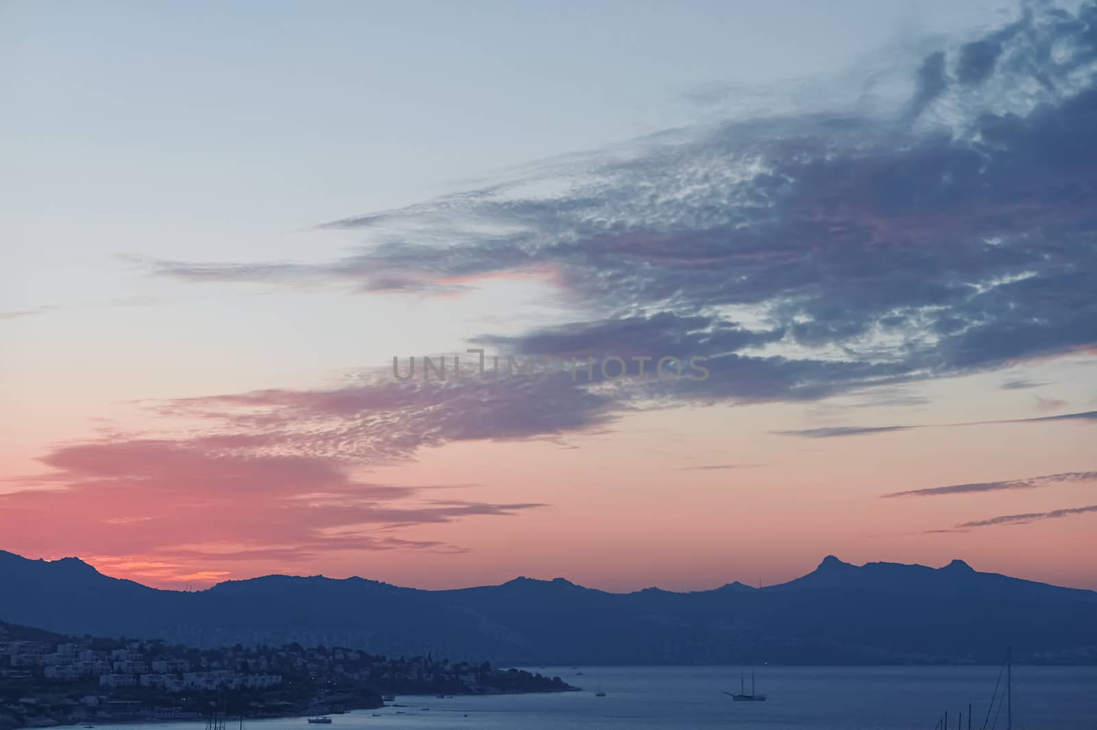 Sea view and mountains in the Mediterranean at sunset, summer vacation travel and holiday destination by Anneleven