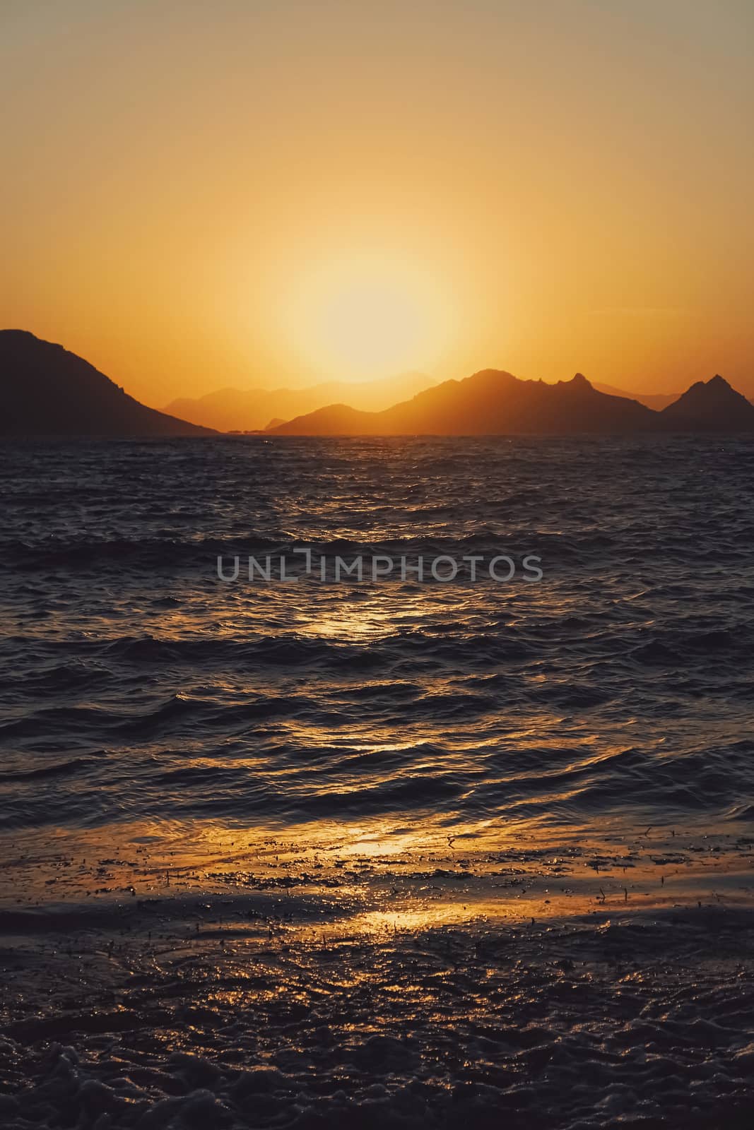 Beautiful sea view and mountains in the Mediterranean at sunset, summer vacation travel and holiday destination