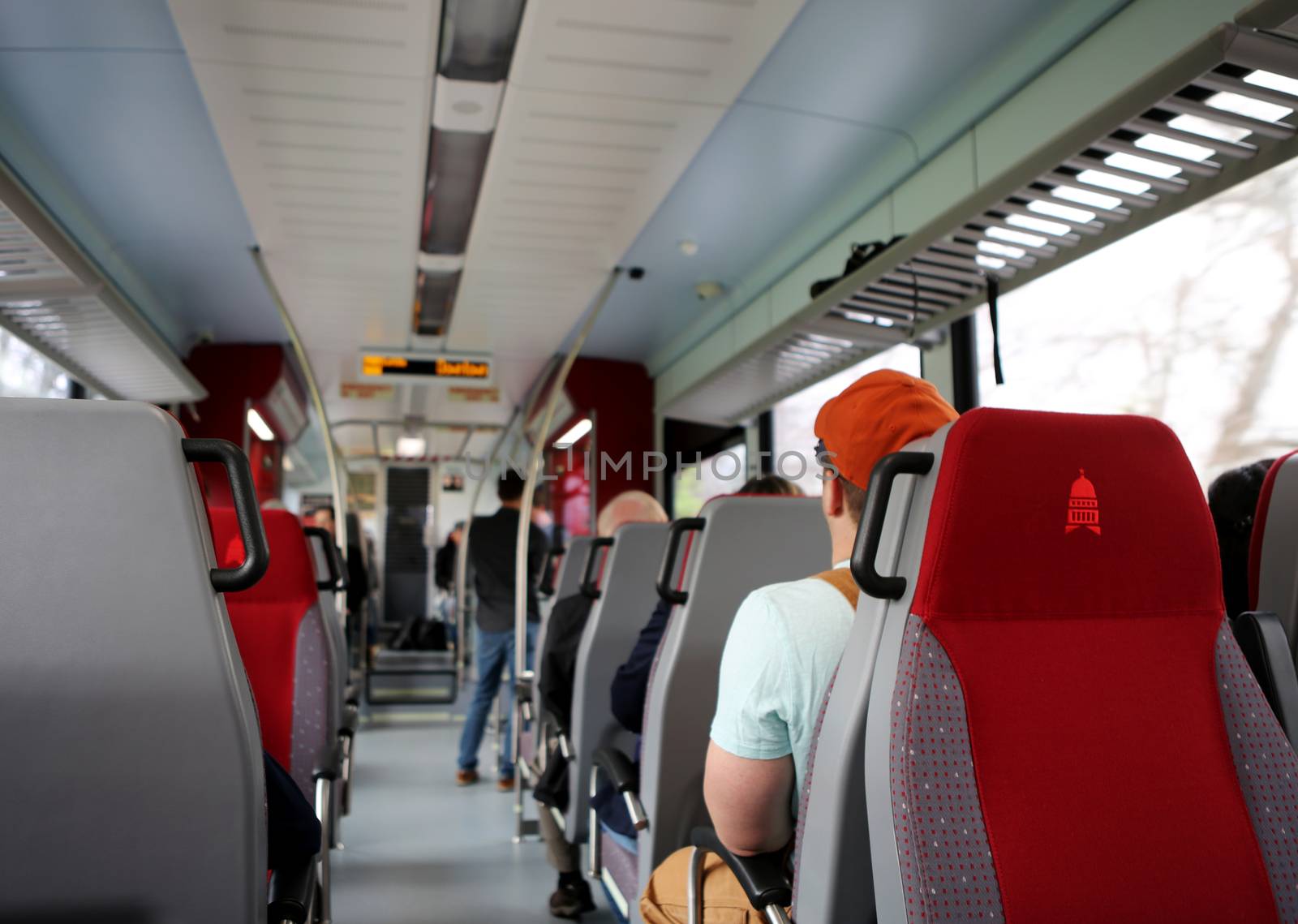 Austin, TEXAS South by Southwest Annual music, film, and interactive conference and festival in Austin, Texas. Capital metro bus, inside view. Public transportation concept.