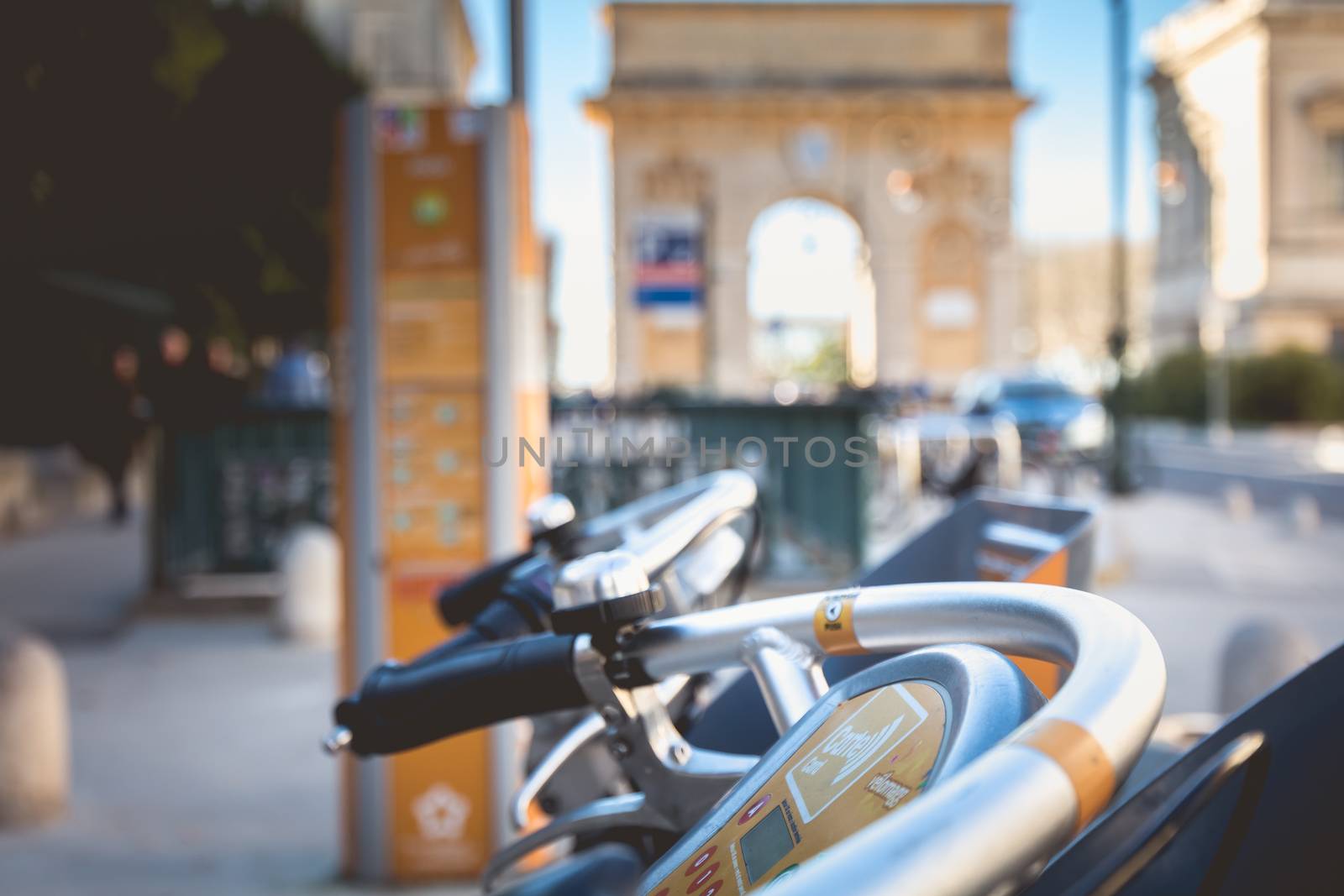 Montpellier, France - January 2, 2019: Velomagg bike sharing city bikes for rental in Montpellier. Bike sharing is a popular city transport