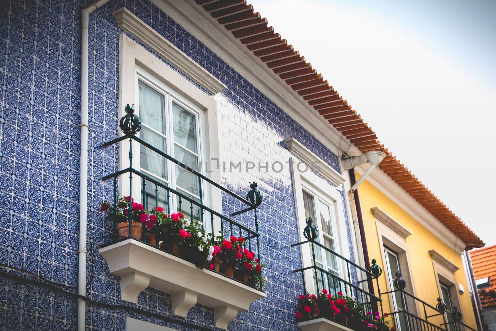 Aveiro, Portugal - May 7, 2018: Small traditional house architecture detail in the historic city center of the city on a spring day