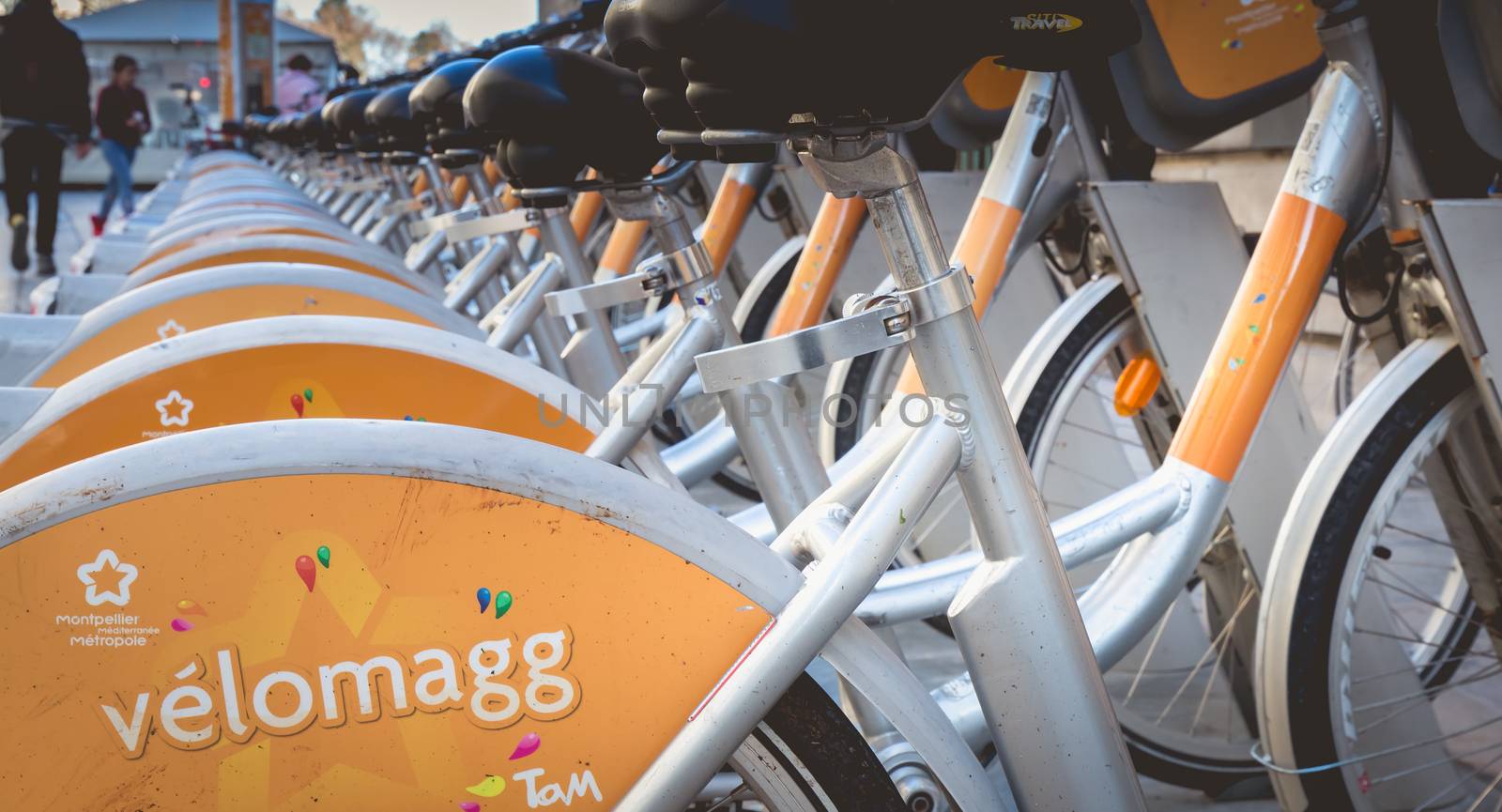 Montpellier, France - January 2, 2019: Velomagg bike sharing city bikes for rental in Montpellier. Bike sharing is a popular city transport