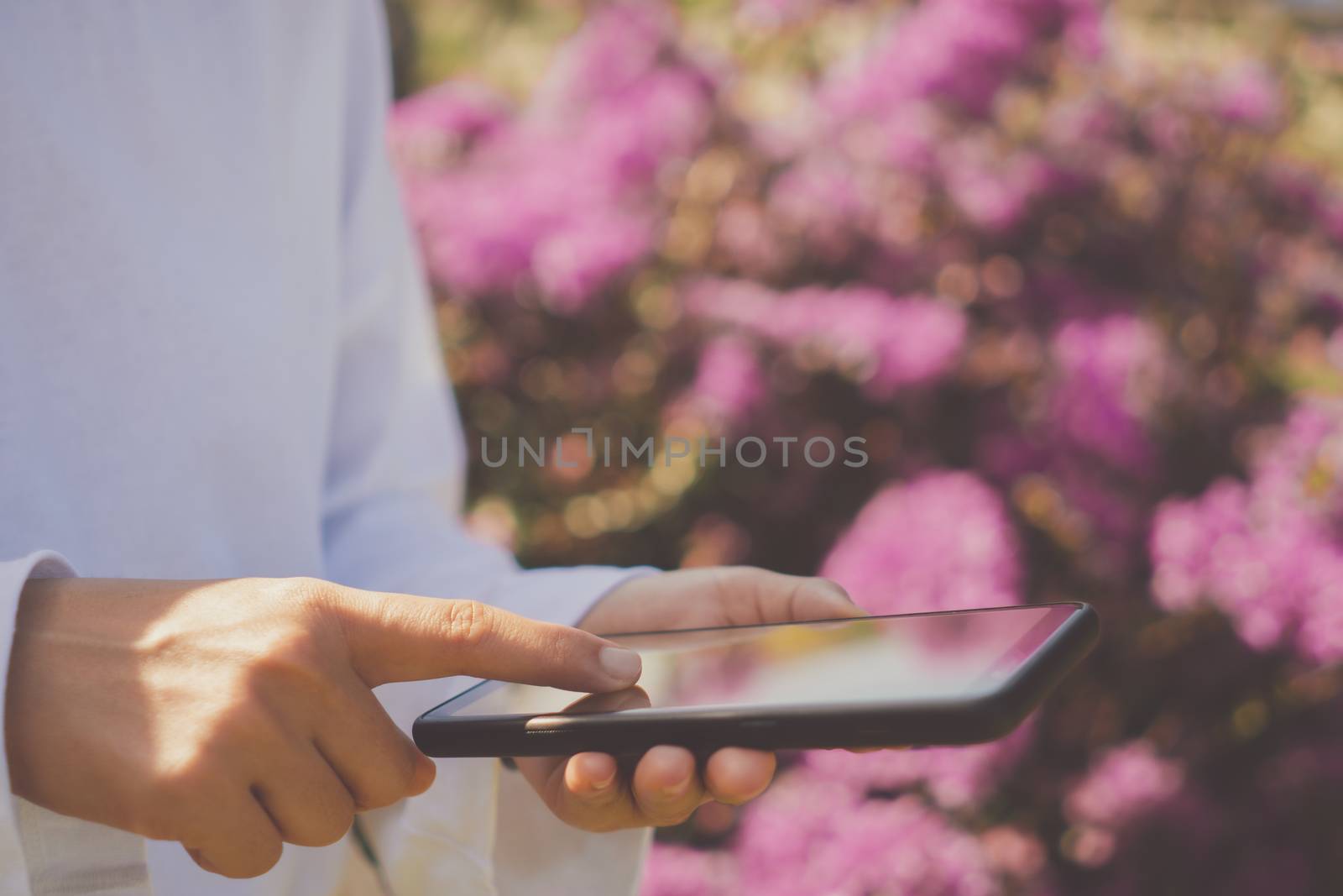 Woman hand use smartphone to do work business, social network, communication in public nature space.