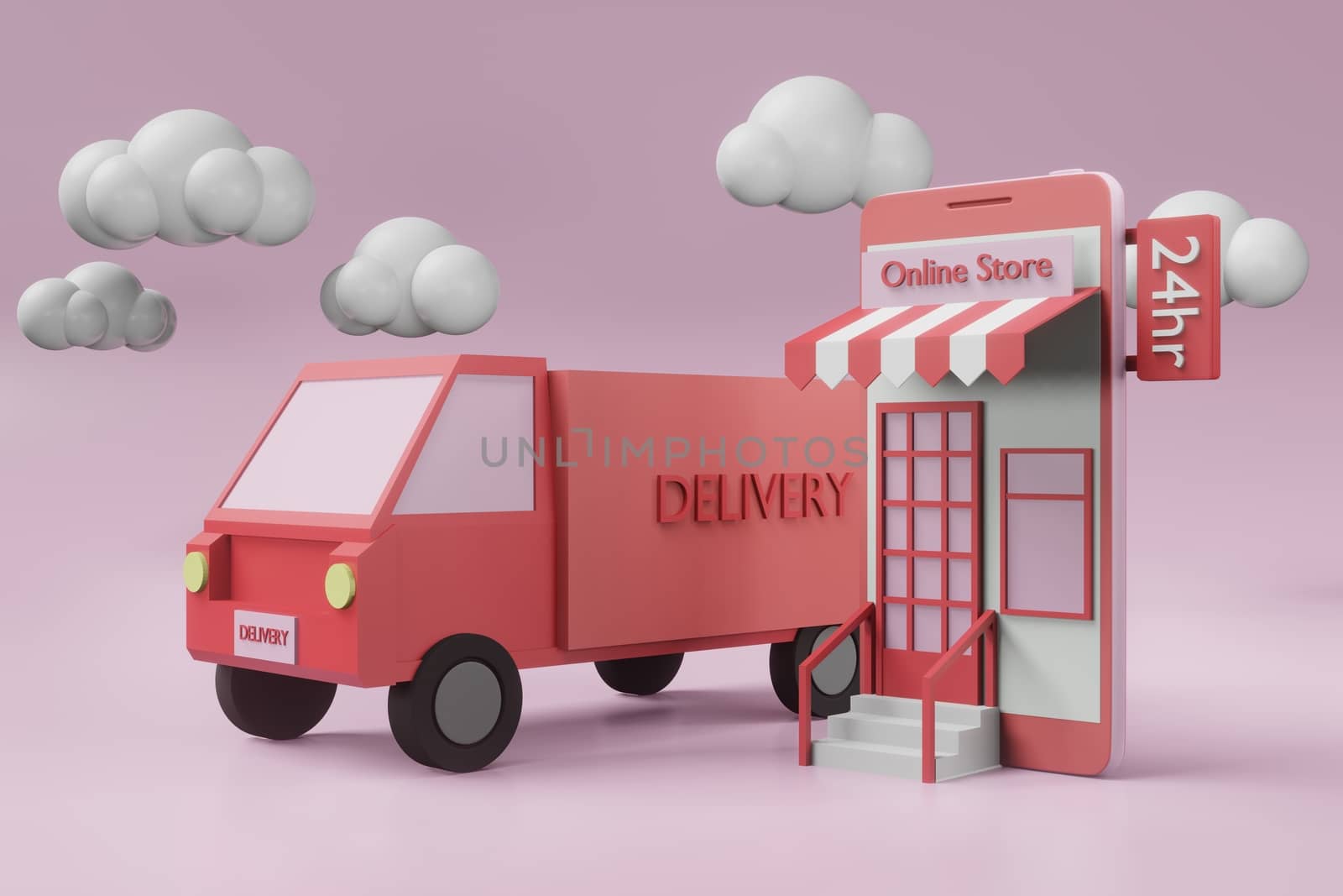 logistic truck delivery boxes to home from online shopping in 3D illustration or 3D rendering