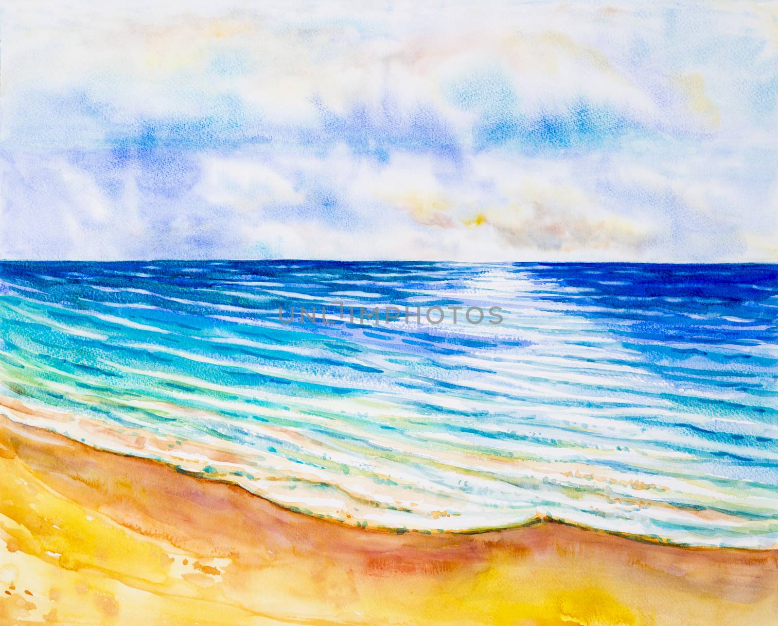 Watercolor seascape original painting colorful of sea view,beach and sky,cloud background in the morning bright, nature beauty season. Painted impressionist, abstract images.