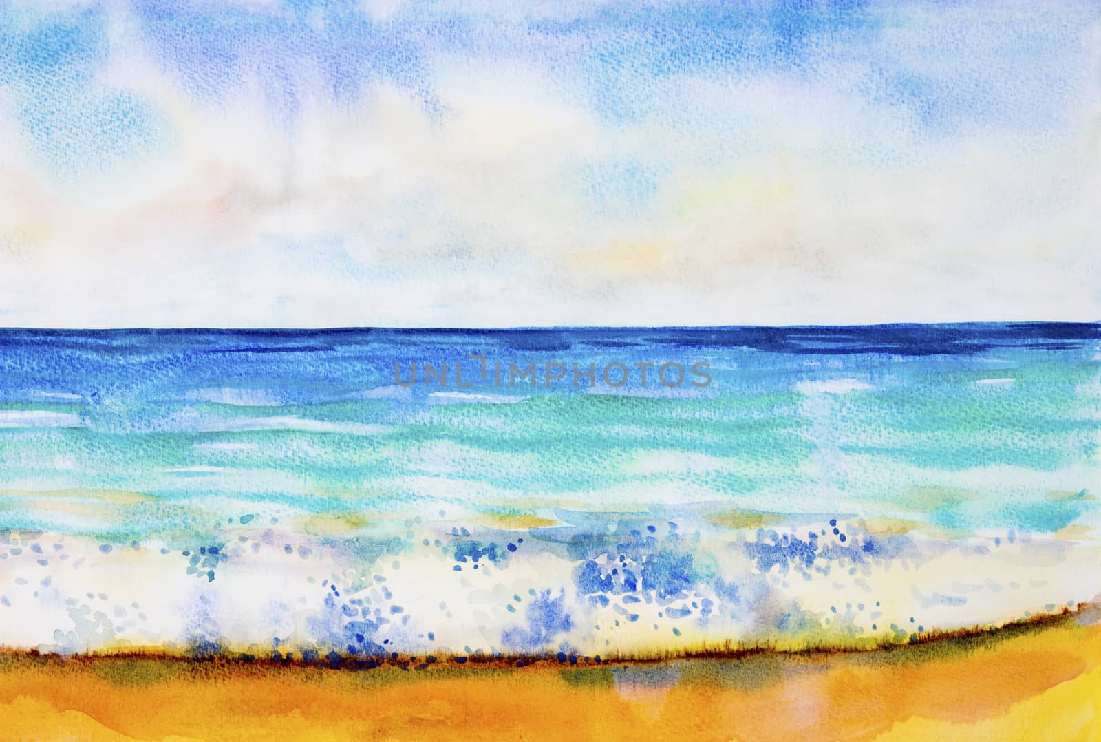 Watercolor seascape painting colorful of sea view,beach. by Painterstok