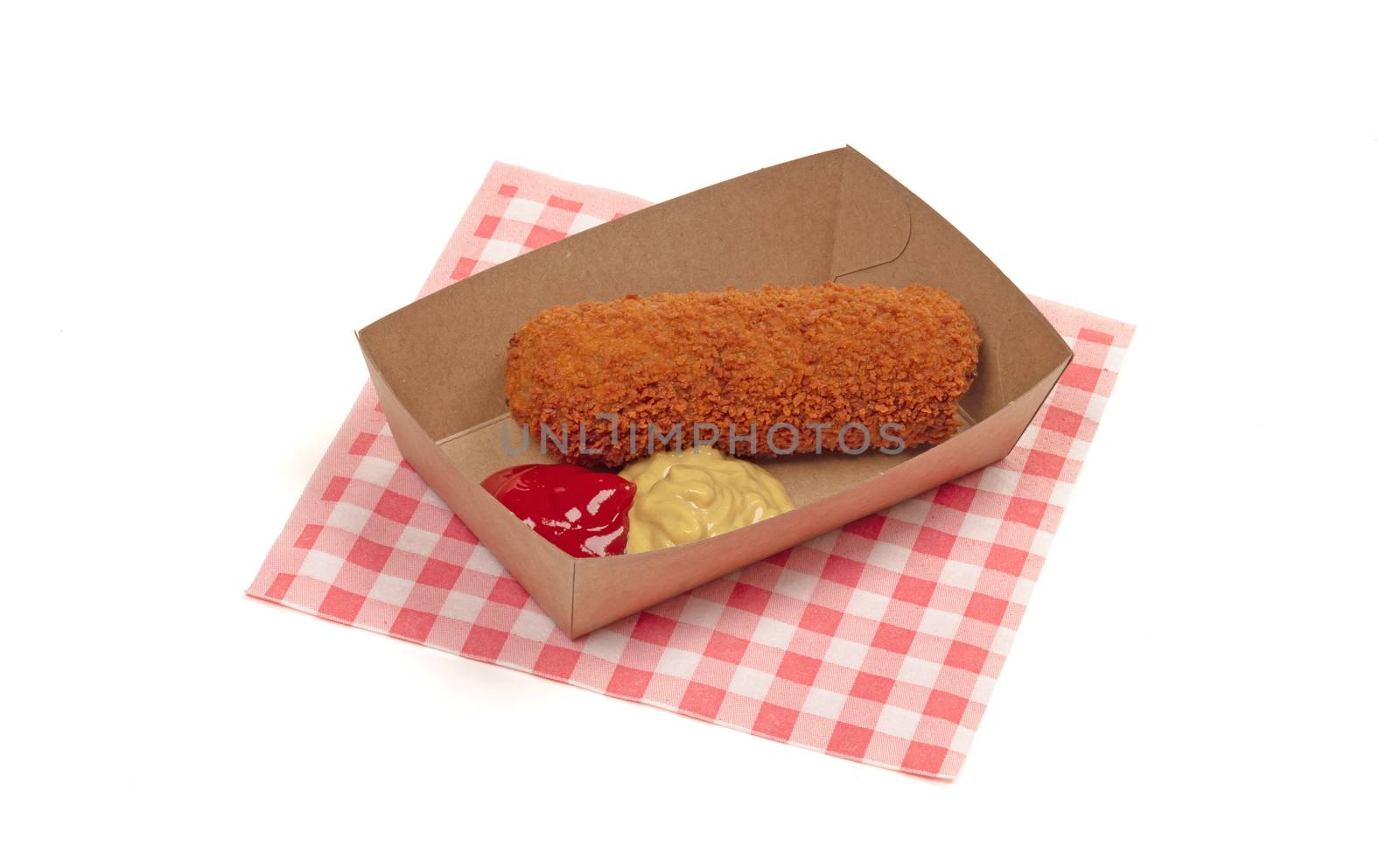 Brown crusty dutch kroket with mustard and ketchup isolated by michaklootwijk