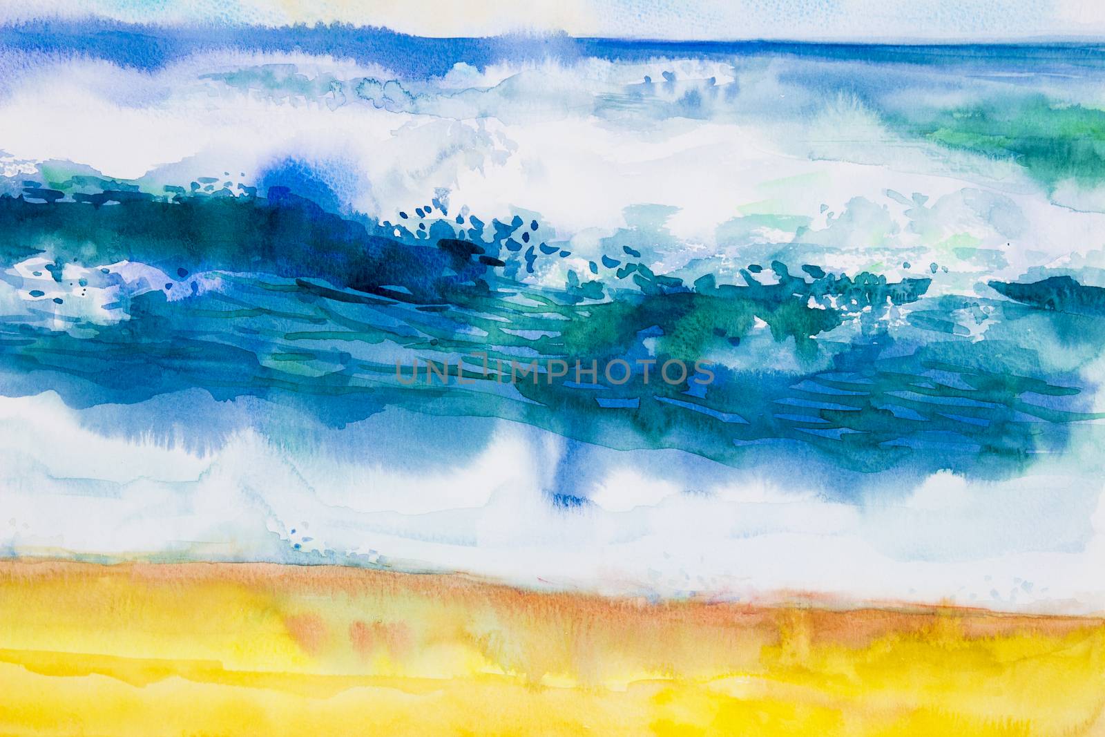 Watercolor seascape original painting colorful of sea view,beach, wave and sky,cloud background in the morning bright, nature beauty season. Painted impressionist, abstract images.