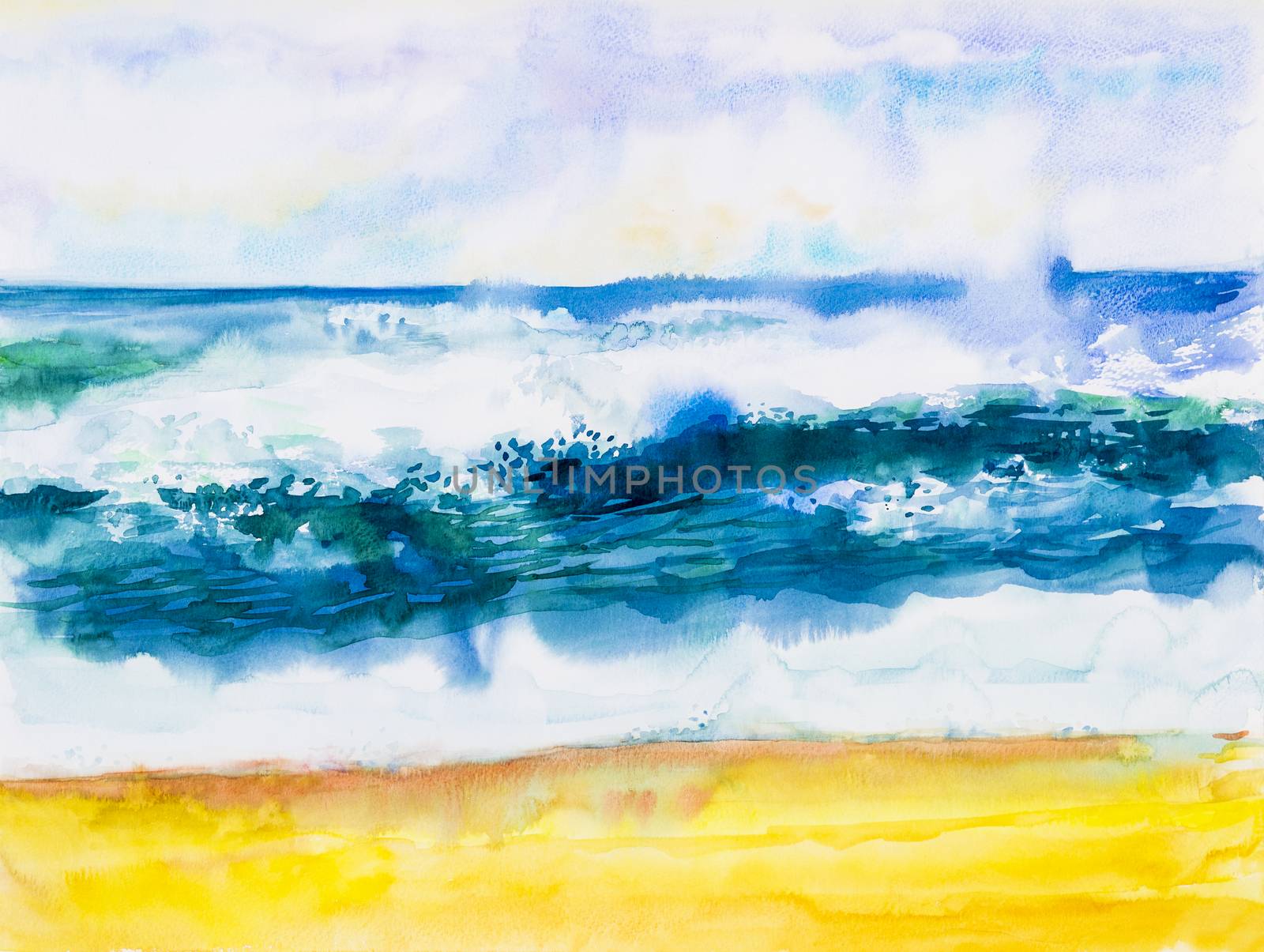 Watercolor seascape original painting colorful of sea view,beach, wave and sky,cloud background in the morning bright, nature beauty season. Painted impressionist, abstract images.