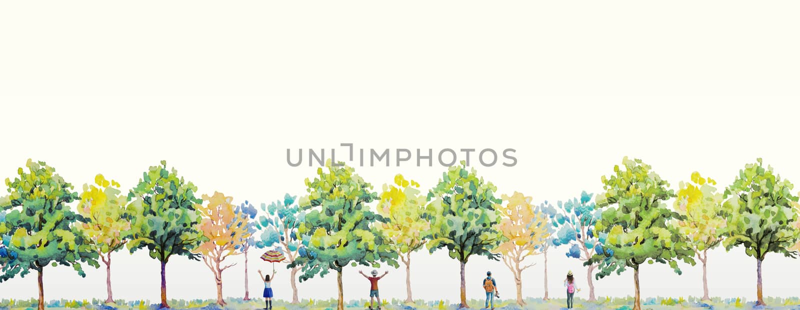 Watercolor painting landscape panorama colorful of trees forest and young people, emotion ecology concept in white background. Hand painted illustration with typography, brochures, postcard background