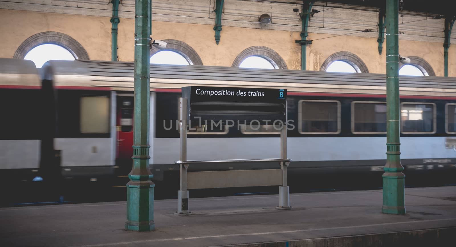 Sete, France - January 4, 2019: Scoreboard showing the composition of trains in the train station on a winter day