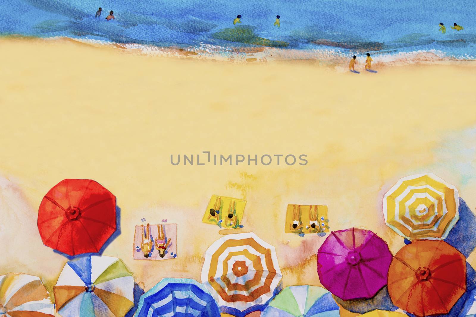 Painting watercolor seascape Top view colorful of lovers, family summer holiday and tourism in summery,multi colored umbrella, sea wave blue background. Painted Impressionist, abstract image illustration.