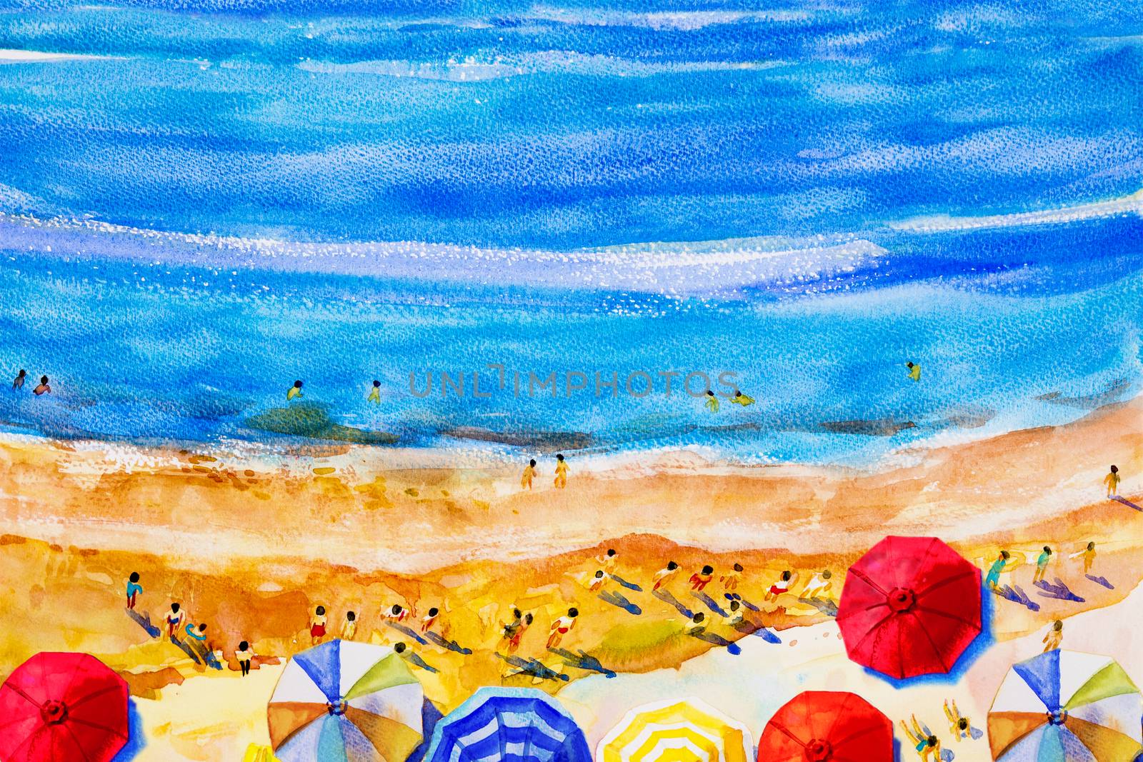 Painting watercolor seascape colorful of lovers, family summer h by Painterstok