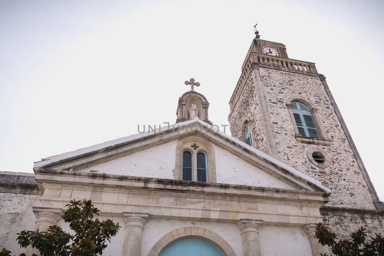 Port Joinville, France - September 16, 2018: Architectural detail of the Saint-Amand church on the island of Yeu on a summer day
