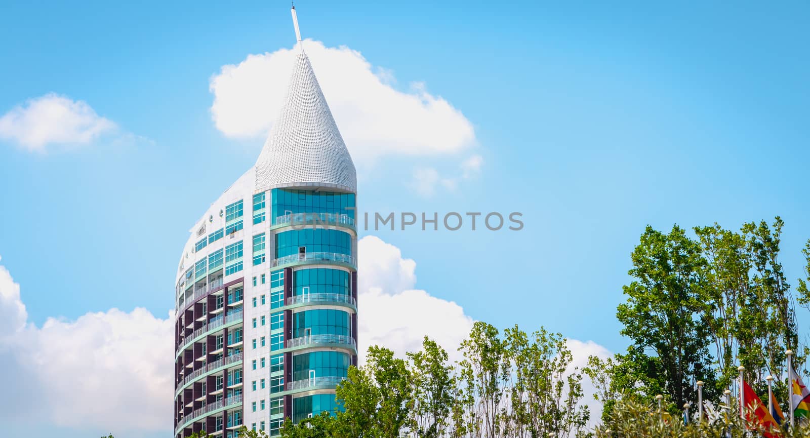 Lisbon, Portugal - May 7, 2018: Architectural detail of Sao Gabriel tower, at Parque das Nacoes (Park of Nations) in Lisbon on a spring day