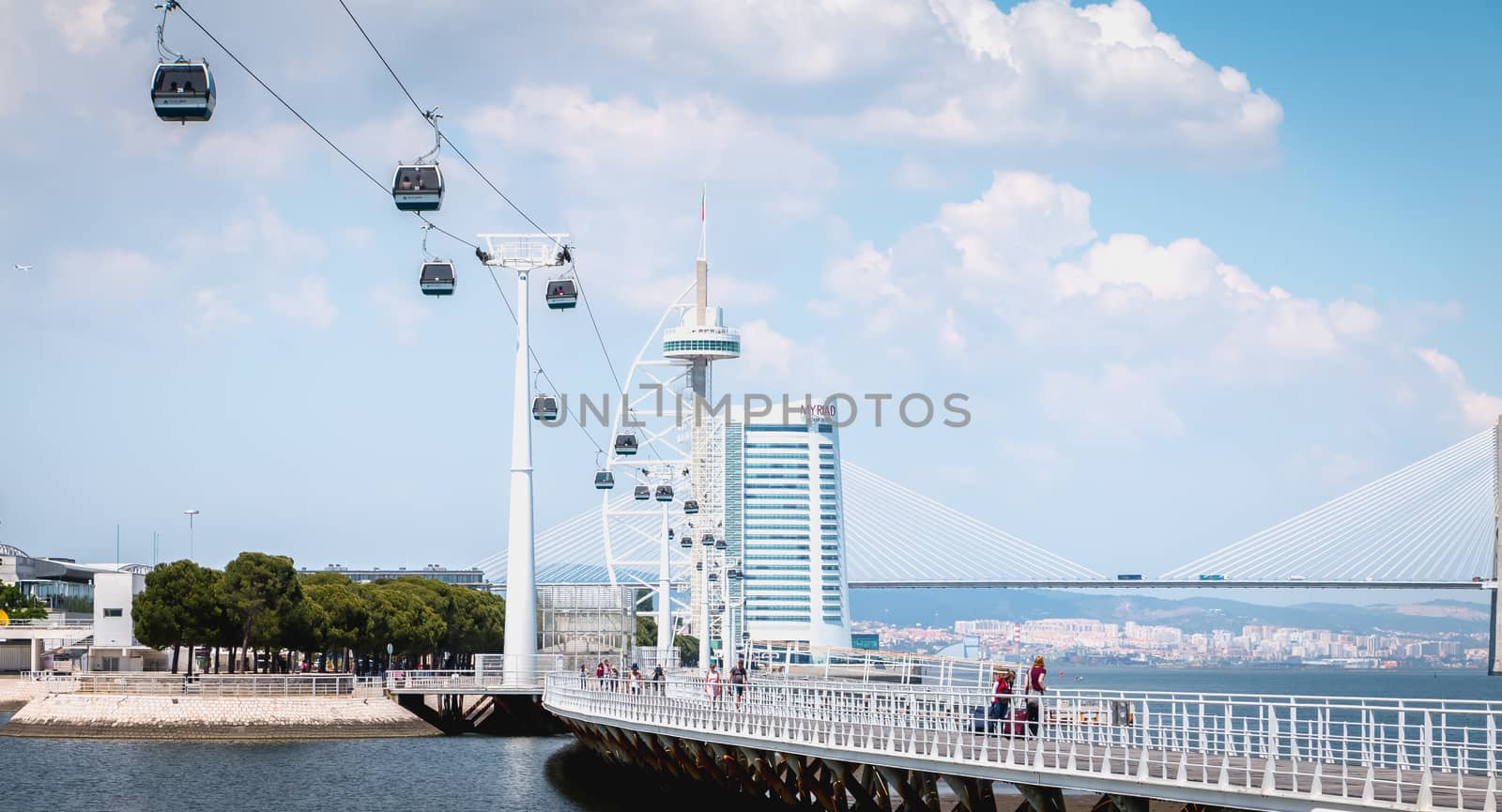 Lisbon, Portugal - May 7, 2018: Telecabine Lisboa at Park of Nations (Parque das Nacoes). Cable car in the modern district of Lisbon over the Tagus river on a spring day