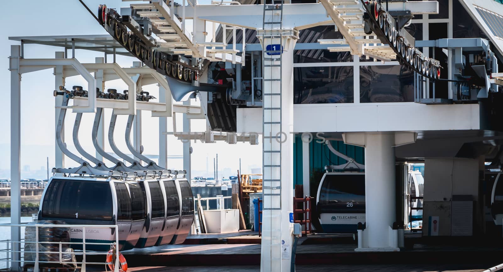 Lisbon, Portugal - May 7, 2018: Telecabine Lisboa at Park of Nations (Parque das Nacoes). Cable car in the modern district of Lisbon over the Tagus river on a spring day