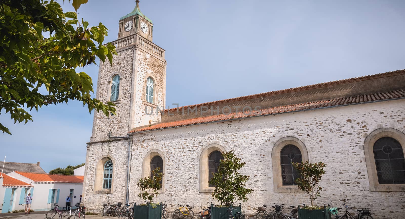 Port Joinville, France - September 16, 2018: Architectural detail of the Saint-Amand church on the island of Yeu on a summer day