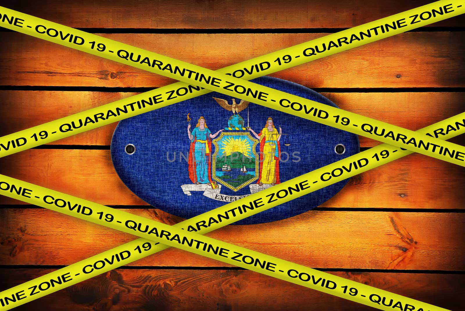 COVID-19 warning yellow ribbon written with: Quarantine zone Cover 19 on New York flag illustration. Coronavirus danger area, quarantined country.