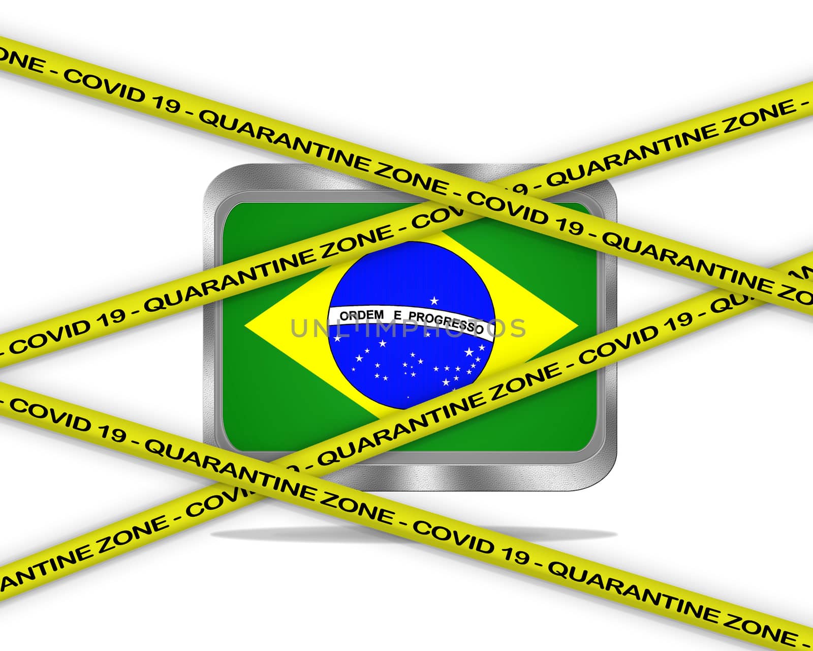 COVID-19 warning yellow ribbon written with: Quarantine zone Cover 19 on Brazil flag illustration. Coronavirus danger area, quarantined country.