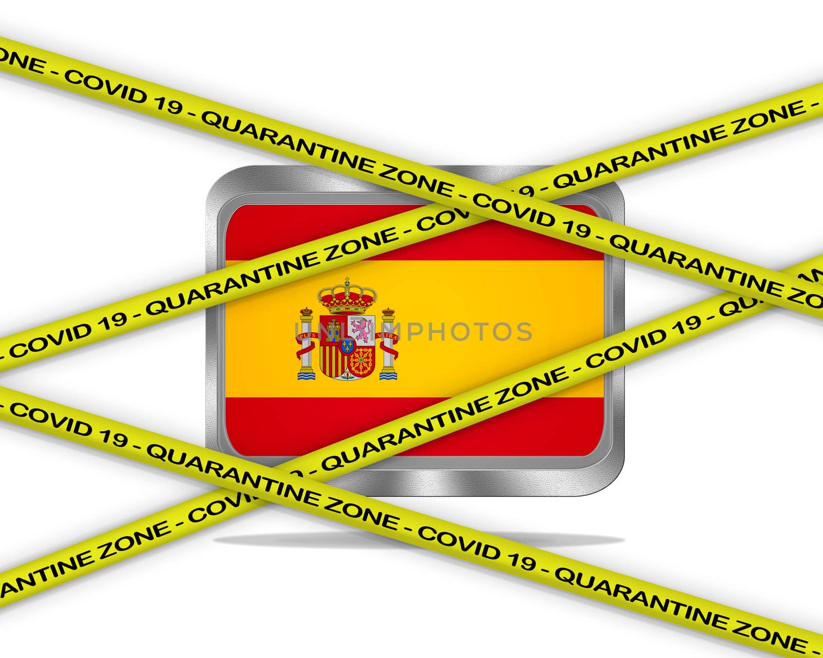COVID-19 warning yellow ribbon written with: Quarantine zone Cover 19 on Spain flag illustration. Coronavirus danger area, quarantined country.