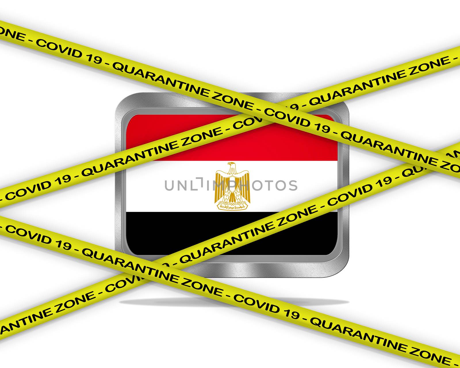 COVID-19 warning yellow ribbon written with: Quarantine zone Cover 19 on Egypt flag illustration. Coronavirus danger area, quarantined country.