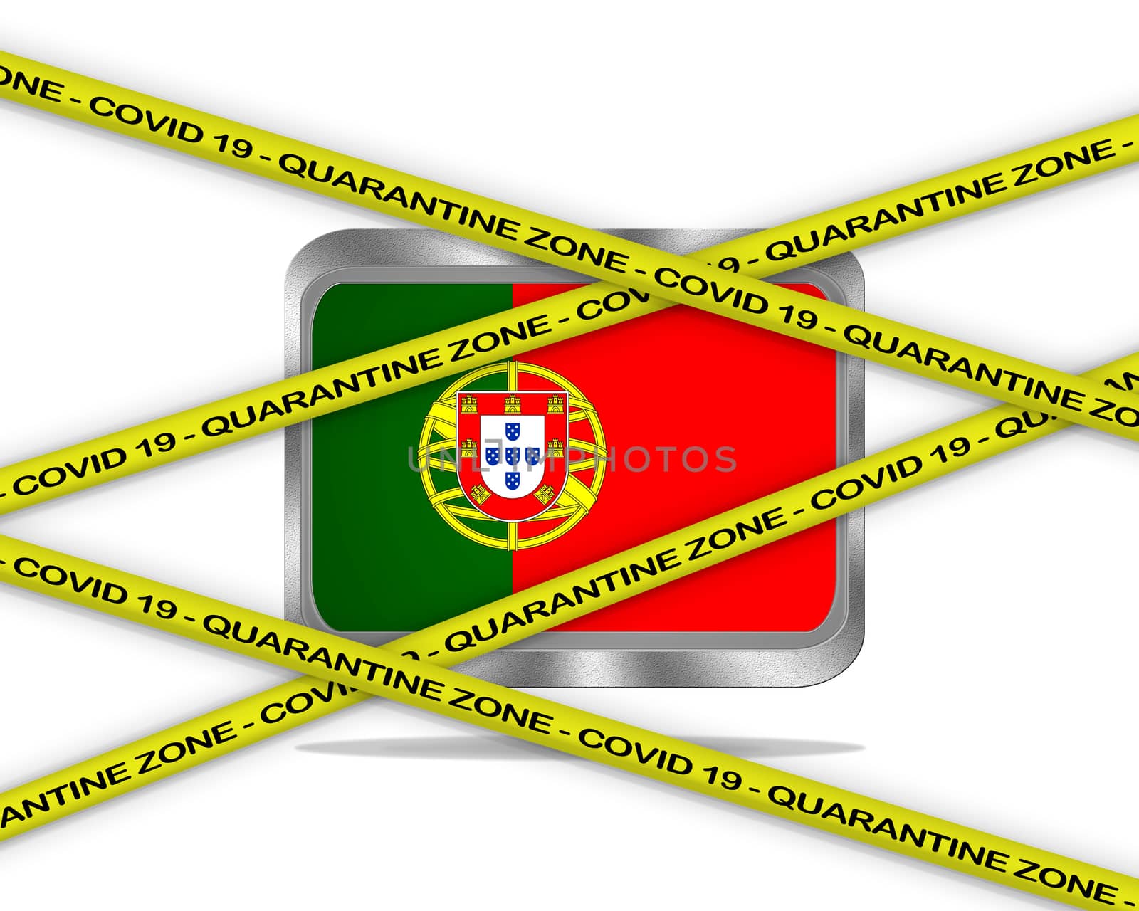 COVID-19 warning yellow ribbon written with: Quarantine zone Cover 19 on Portugal flag illustration. Coronavirus danger area, quarantined country.