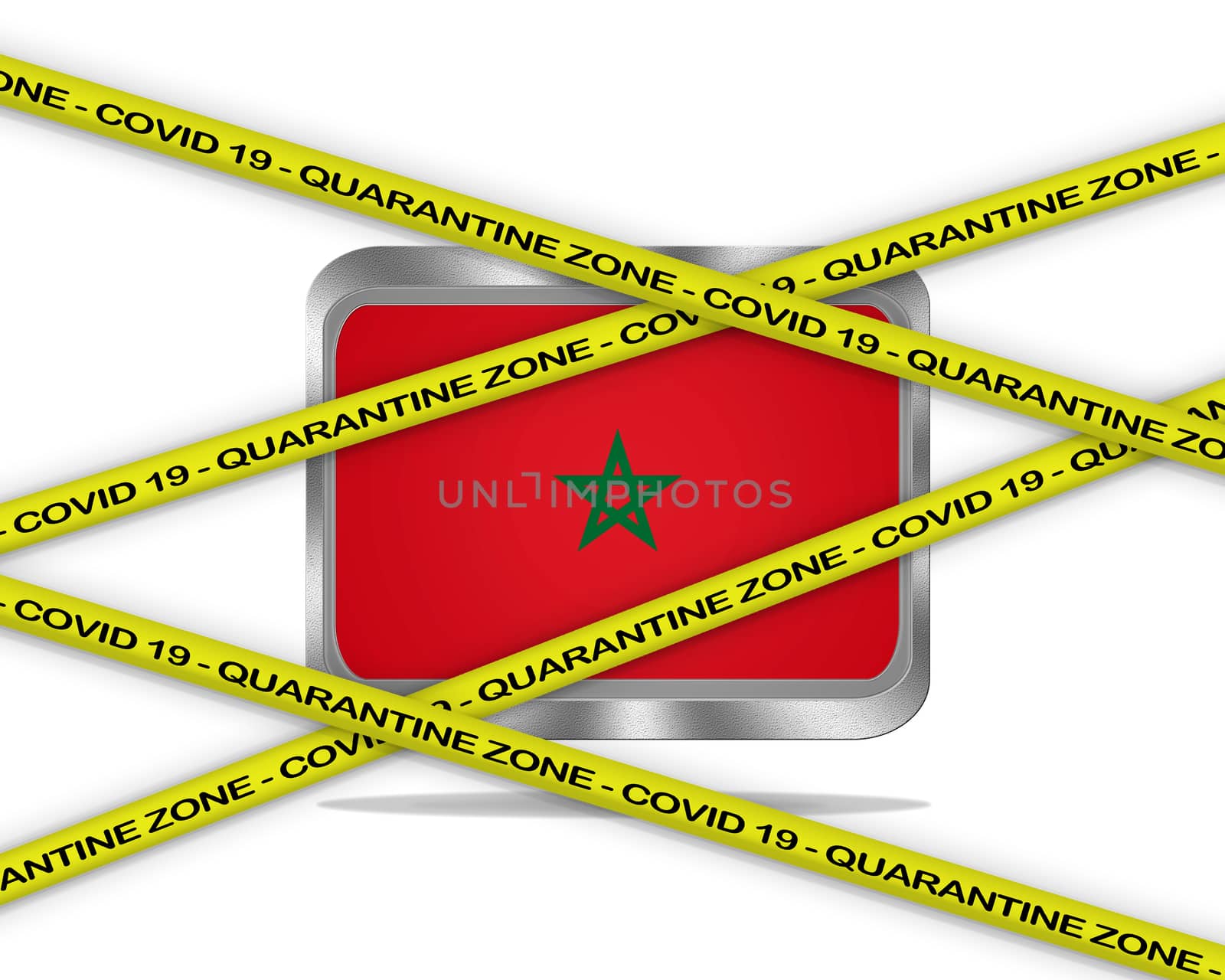 COVID-19 warning yellow ribbon written with: Quarantine zone Cover 19 on Morocco flag illustration. Coronavirus danger area, quarantined country.