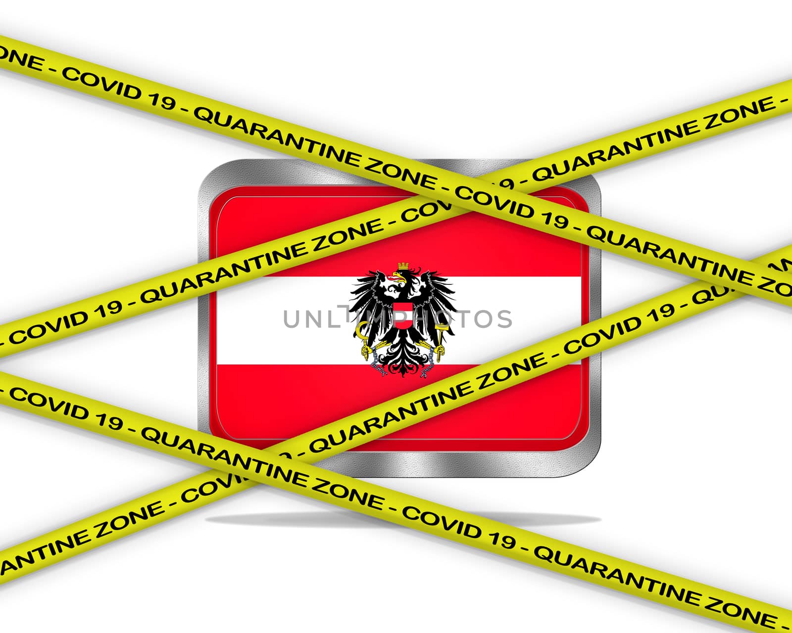 COVID-19 warning yellow ribbon written with: Quarantine zone Cover 19 on Austria flag illustration. Coronavirus danger area, quarantined country.