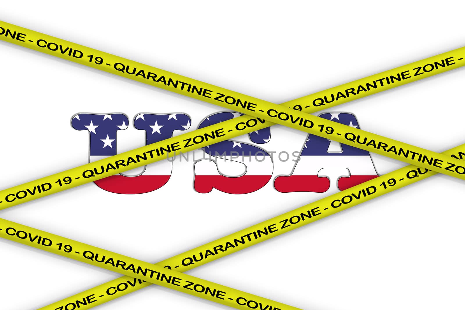 COVID-19 warning yellow ribbon written with: Quarantine zone Cover 19 on Usa flag illustration. Coronavirus danger area, quarantined country.
