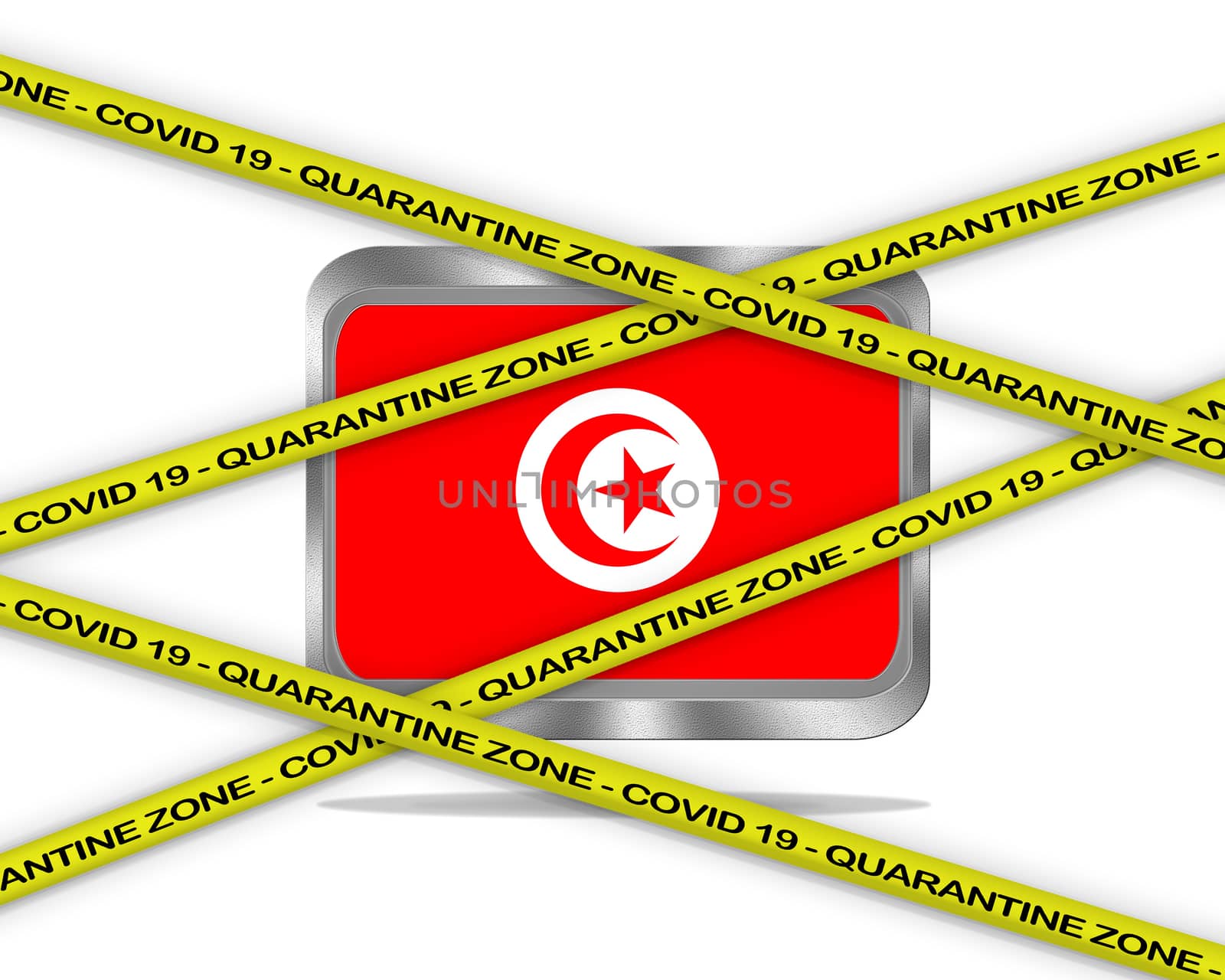 COVID-19 warning yellow ribbon written with: Quarantine zone Cover 19 on Tunisia flag illustration. Coronavirus danger area, quarantined country.