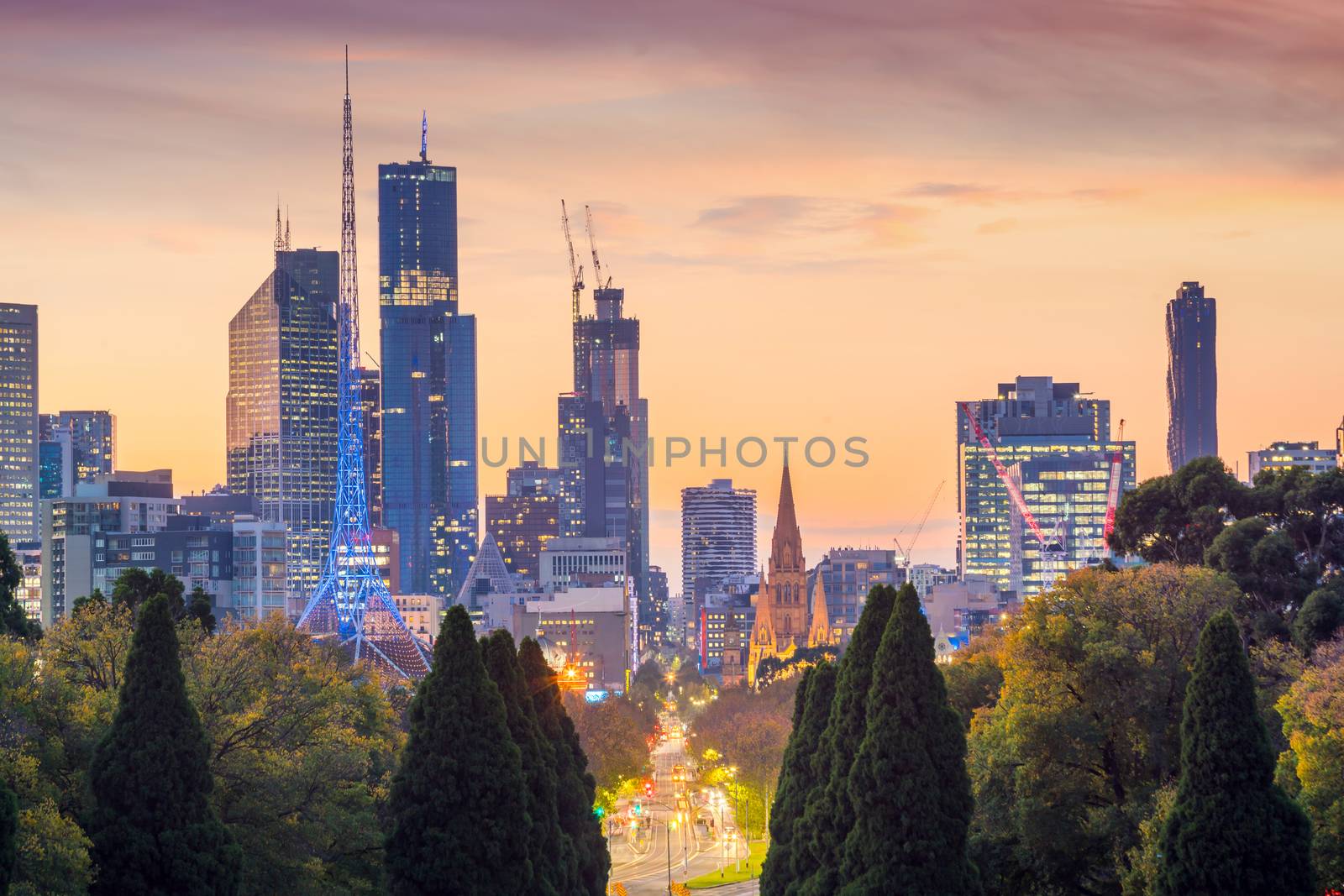 Panorama view of Melbourne city skyline at twilight in Australia