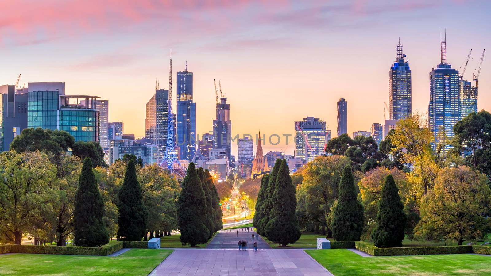 Melbourne city skyline at twilight in Australia by f11photo