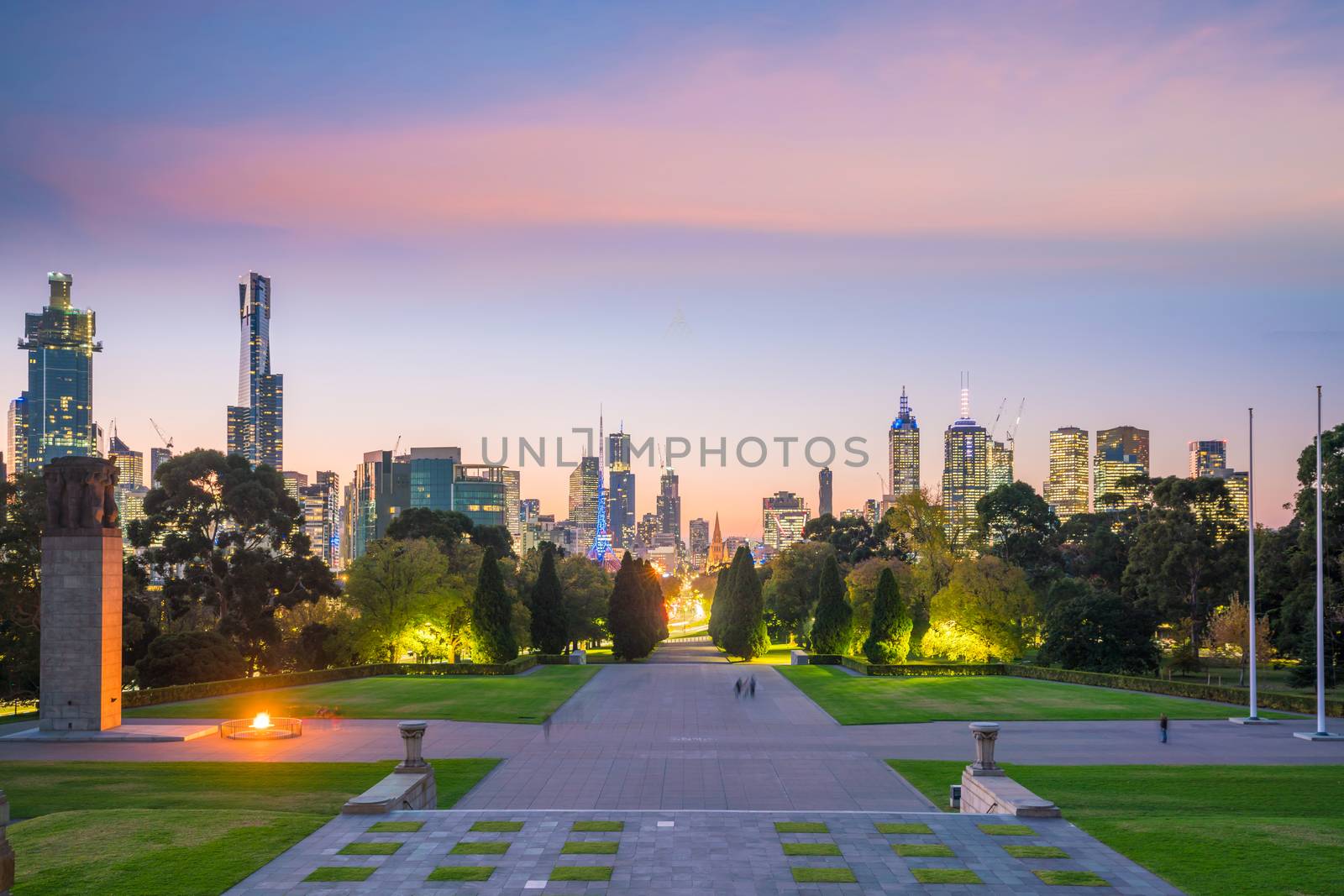 Panorama view of Melbourne city skyline at twilight in Australia