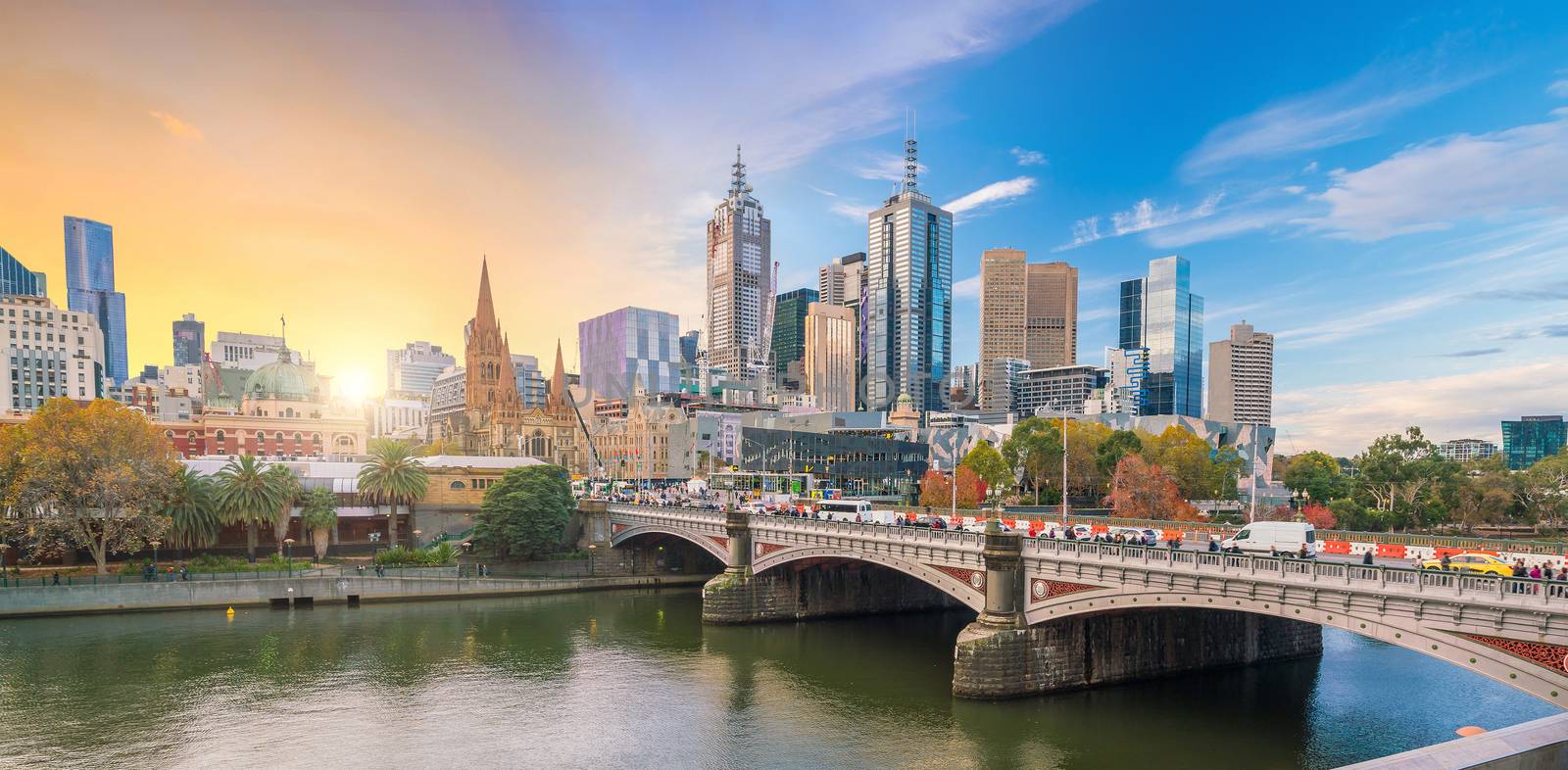 Panorama view of Melbourne city skyline at twilight in Australia