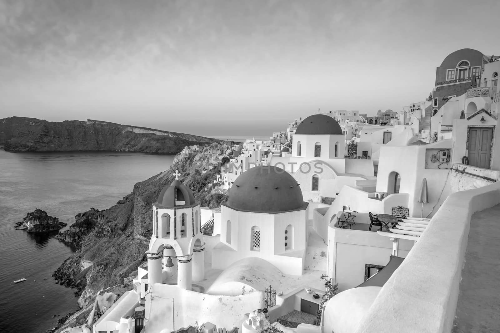 Great twilight view of Santorini island. Sunset on the famous Oia city, Greece, Europe