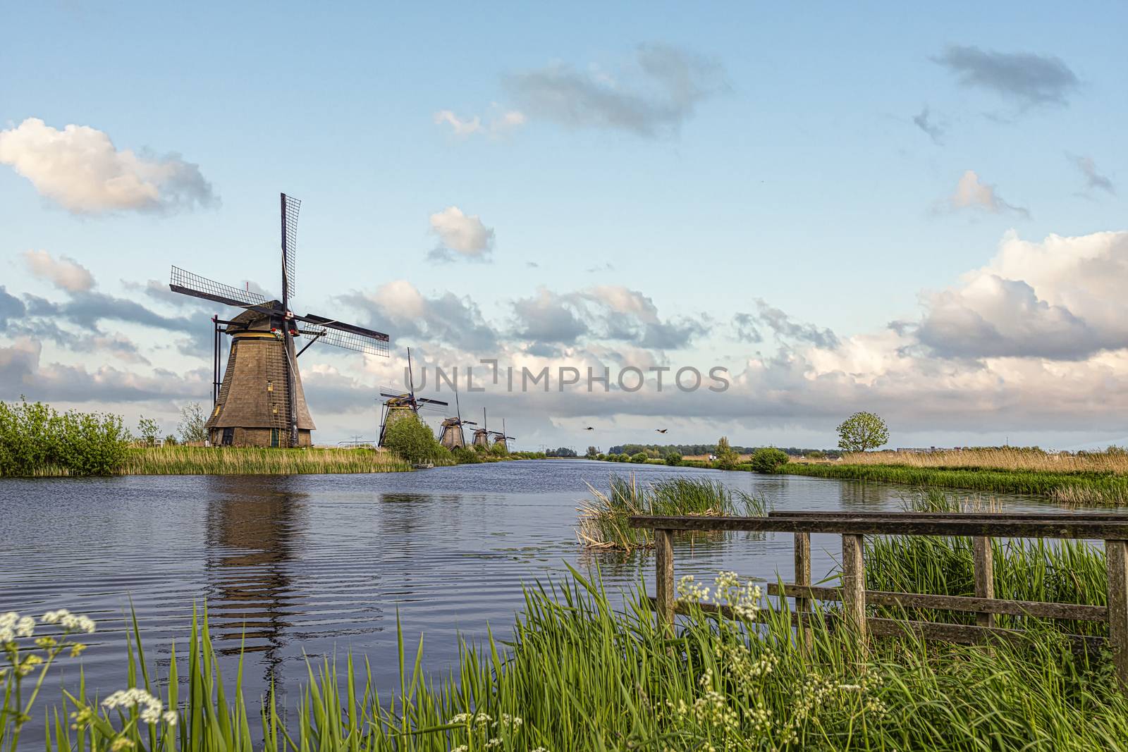 Alignement of reflection on a turbulent canal of a Dutch windmills landscape at Alblasserdam city during the warm sunrise, Netherlands