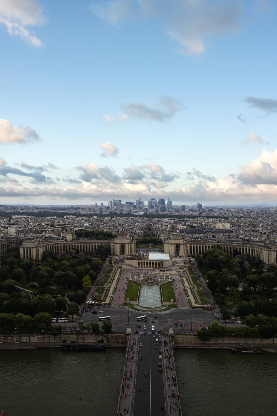 Aerial view from the Eiffel tower on Paris city, Champs de Mars, Trocadéro and skyline toward La Défense business district, France