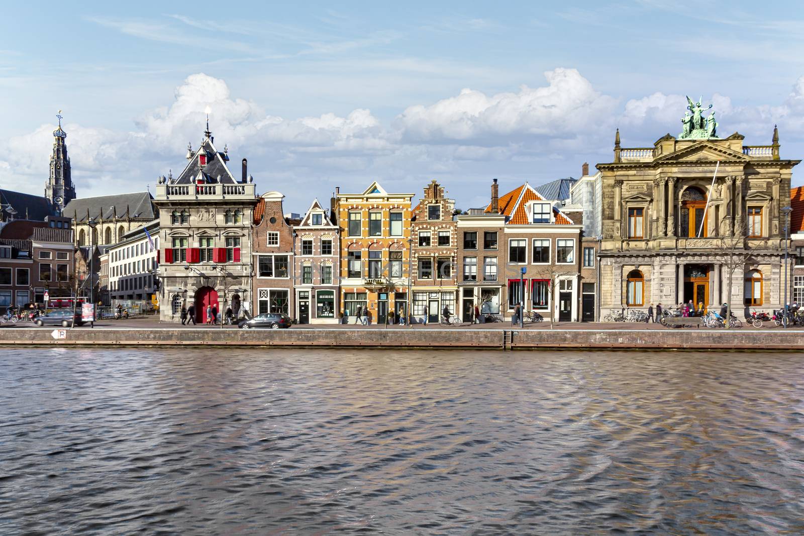 Haarlem canal view on the center city skyline along the canal, Netherlands