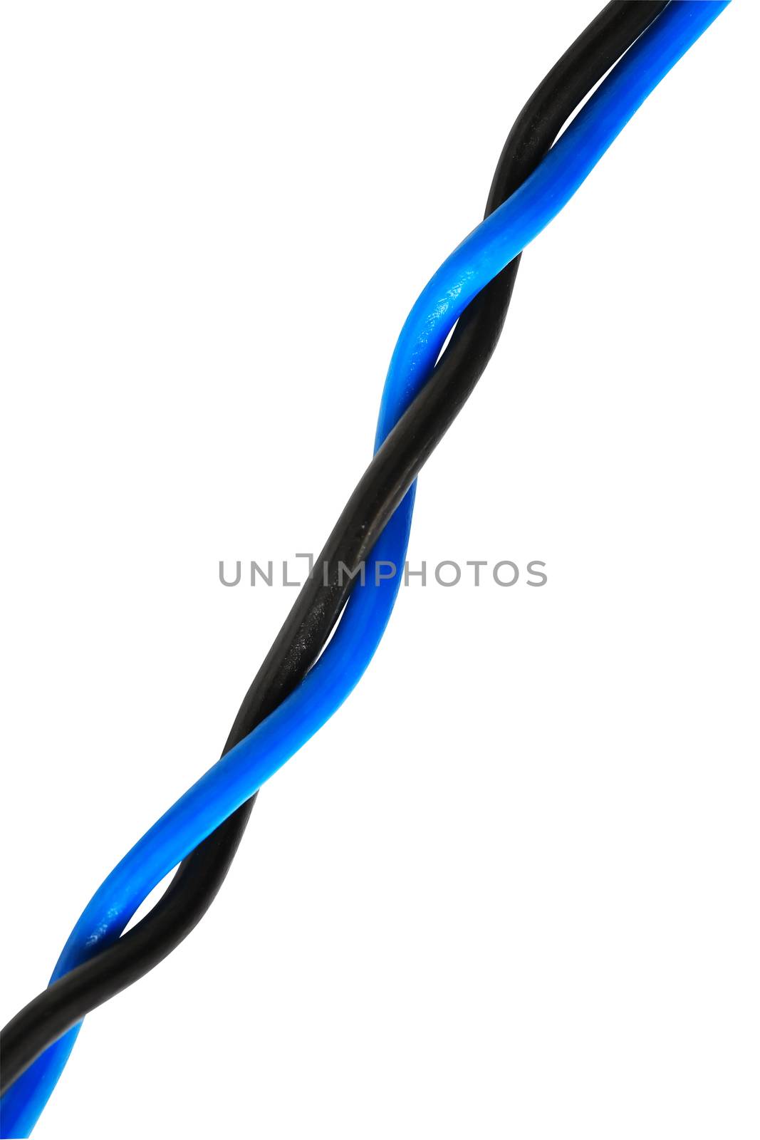 Blue and black electric cable isolated on white background