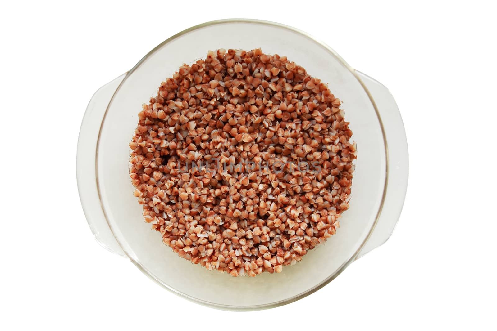 Glass bowl with buckwheat porridge isolated on white background