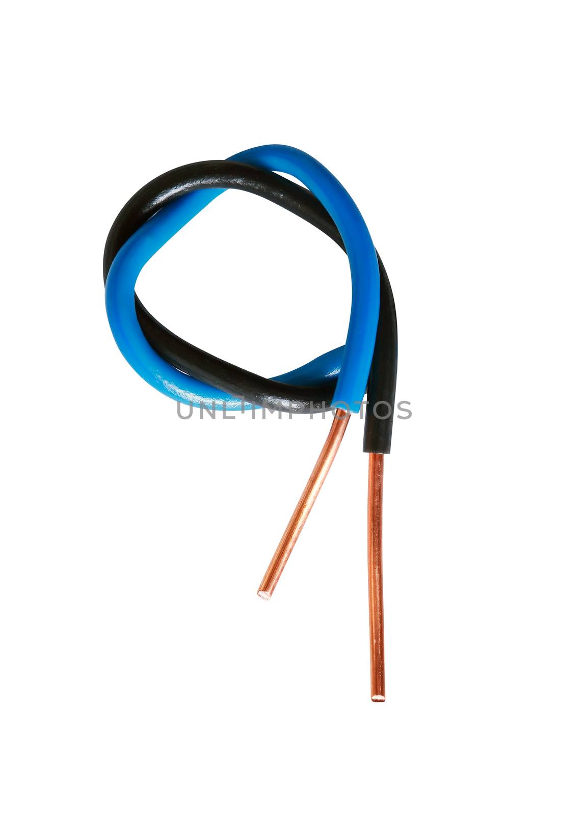 Blue and black electric cable isolated on white background