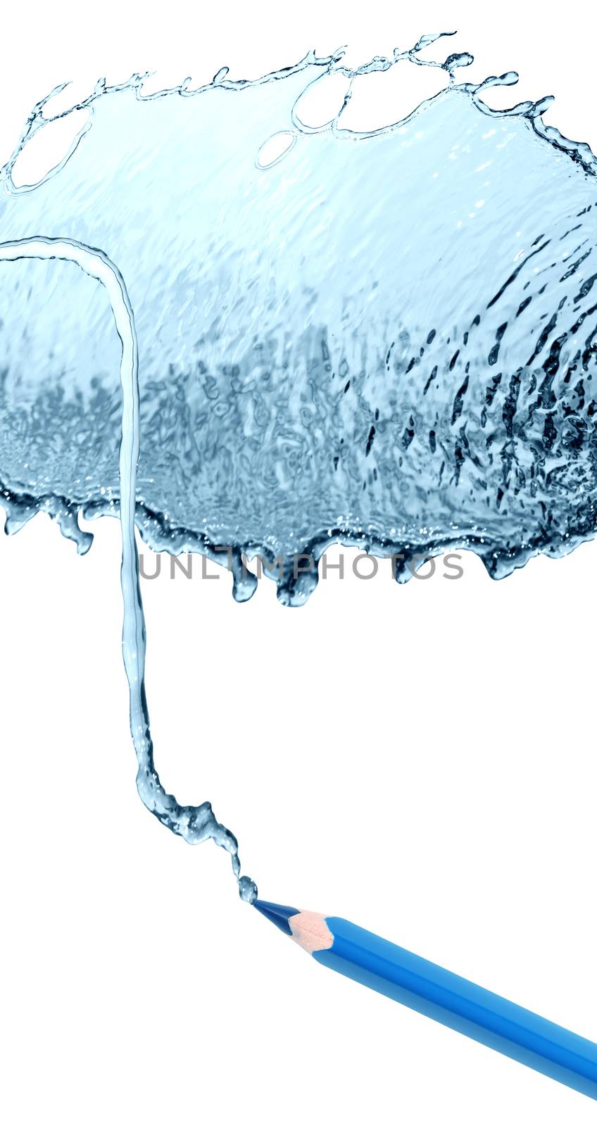 Blue pencil draws nice water splash on white background