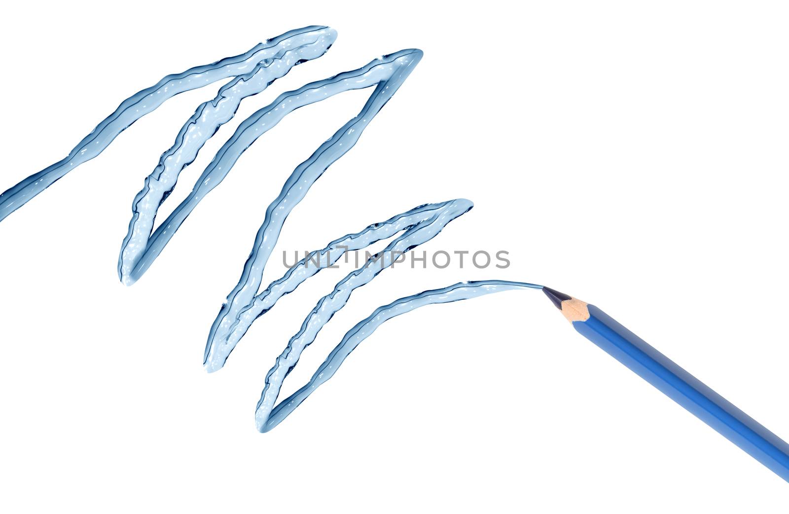 Blue pencil draws nice water splash on white background