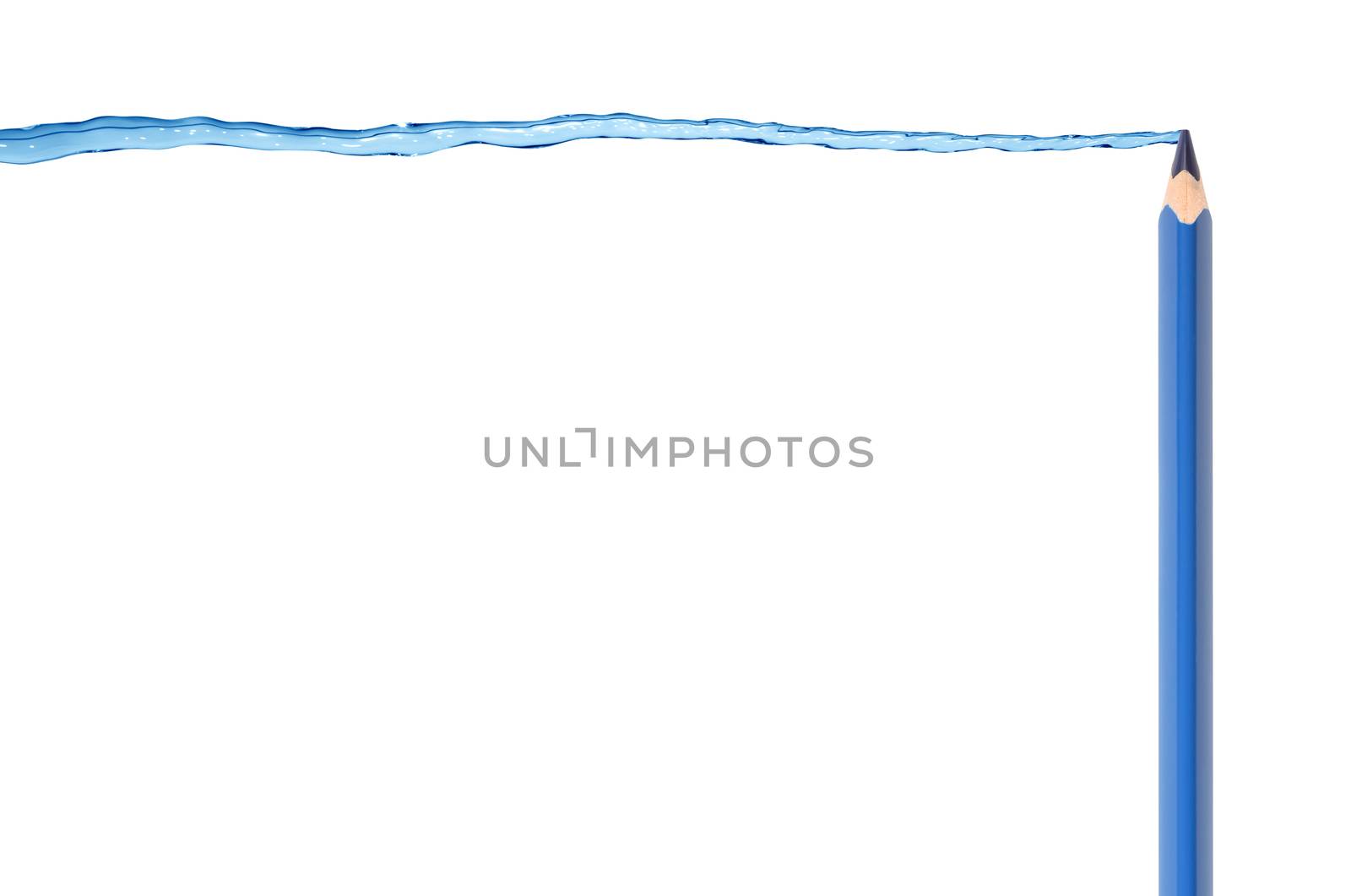 Blue pencil draws nice water splash on white background