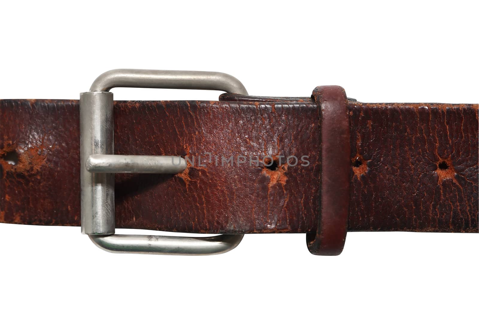 Very old leather belt isolated on white background with clipping path